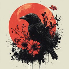 Wall Mural - Black Raven with Red Flowers and Moon Illustration