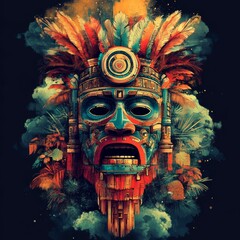 Sticker - Mayan Mask with Feathers and Jungle Illustration