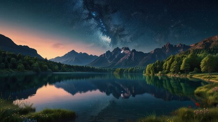 Wall Mural - realistic landscape illustration of a lake, mountains, and a beautiful sky