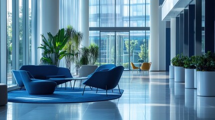 Canvas Print - Modern Office Lobby with Blue Chairs and Plants