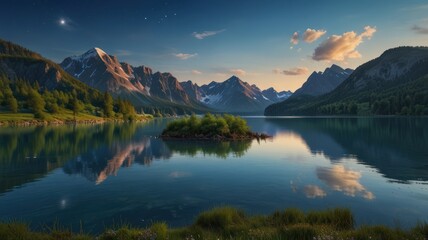 realistic landscape illustration of a lake, mountains, and a beautiful sky