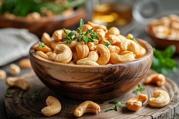 Cashews with herbs in wooden bowl.