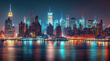 Cityscape panorama of Manhattan at night, featuring bright lights and the bustling energy of New York.