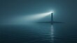 © kept - A solitary lighthouse emits a bright beam of light through dense fog over calm waters.