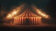 © kept - A red and white circus tent stands illuminated by dim lights in a foggy, eerie night.