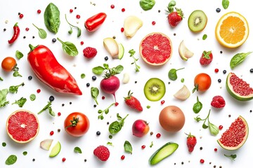 Different fresh fruits and vegetables in air on white background , ai