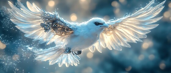 A white bird with metallic wings in flight against a blue and white bokeh background.