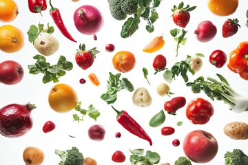 Different fresh fruits and vegetables in air on white background , ai