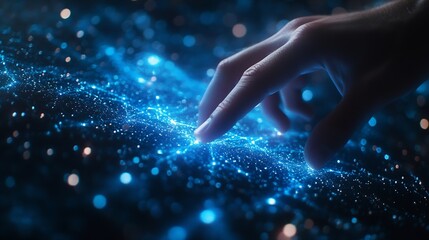 Fototapete - Digital cyber era technology concept Human hand touching interconnected polygons of massive amounts of data glowing on a dark blue background New innovations that are coming to change  : Generative AI
