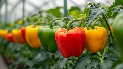 Big ripe sweet bell peppers vegetables paprika plants growing in glass greenhouse bio farming in the Netherlands : Generative AI