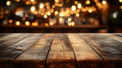 Leinwandbilder - empty wooden brown table on blurred light gold bokeh cafe restaurant bar place for your products on the table Abstract background : Generative AI