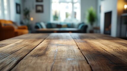Poster - Empty brown and rustic wooden table with a defocused living room background : Generative AI