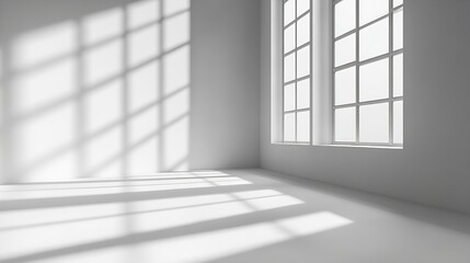 Poster - Empty white corner Abstract studio background for product presentation 3d room with shadows of window Minimalistic space concept with blurred backdrop : Generative AI