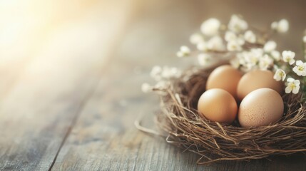 Wall Mural - A cozy nest containing simple natural eggs is beautifully decorated with delicate white flowers against a wooden backdrop