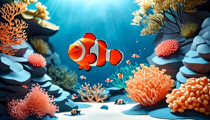 Wall Mural - Charming Paper Cut Illustration of Clownfish in Coral Reef Highlighting Underwater World and Environmental Preservation