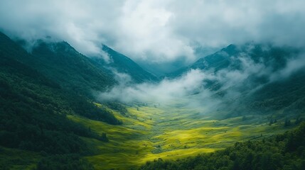 Wall Mural - Nature Mountains and clouds in the valley Natural landscape high in the mountains Mountain field in the clouds Landscape in the summertime : Generative AI