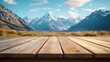 © Generative AI - The empty wooden brown table top with blur background of Mount Cook landscape Exuberant image : Generative AI