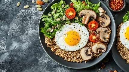 Wall Mural - Delicious healthy breakfasts buckwheat porridge with mixed salad with seeds and fried mushrooms with eggs top view of plates with food : Generative AI