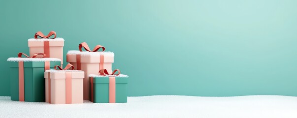 Wall Mural - Colorful gift boxes with ribbons against a mint green background, perfect for celebrations and holiday themes.