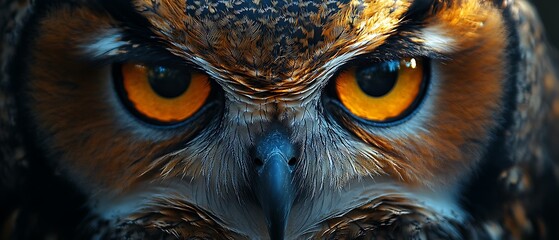 Close-up of an owl's face with intense yellow eyes and sharp beak.