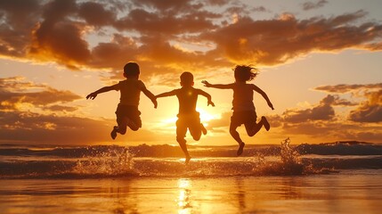 three kids silhouettes running and jumping on beach at sunset happy family two school boys and one l