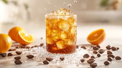 Aufkleber - Americano ice coffee mix with orange juicecoffee beans spreading on sackwhite background and isolated concept : Generative AI