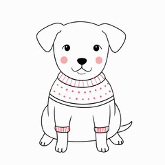 Adorable puppy wearing a pink polka-dot sweater and smiling on a white background