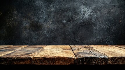 Fototapete - empty wooden oak tabletop with dark black cement stone background for product displayed in rustic mood and tone luxury background for product stand with empty copy space for party prom : Generative AI