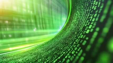 A flowing backdrop of green binary digits forms a dynamic matrix code, representing the essence of digital technology and data processing