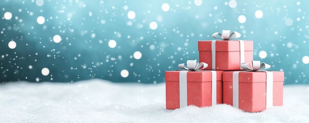 Festive gift boxes surrounded by snow create a magical winter wonderland scene perfect for holiday celebrations.