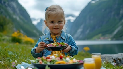 Summer picnic in Norway  child girl eating vegan food salad outdoor family travel vacations lifestyle 4 years old kid having healthy breakfast with mountains and fjord view : Generative AI