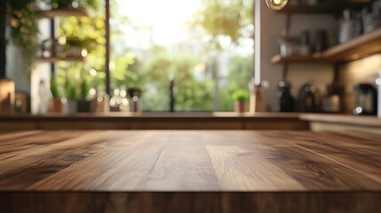 Aufkleber - Beautiful empty brown wooden table top and blurred defocused modern kitchen interior background with day light flare product montage display : Generative AI