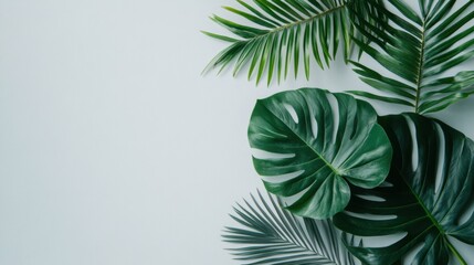 Wall Mural - Vibrant monstera and palm leaves create a lush, tropical aesthetic against a bright white backdrop