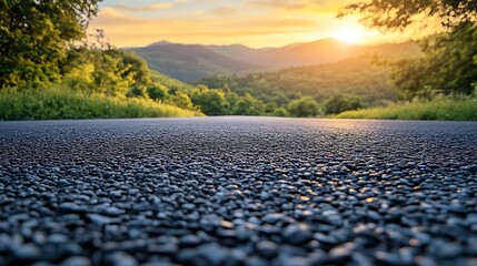 Poster - Asphalt road square and green mountain natural landscape at sunset : Generative AI