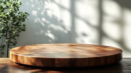 Leinwandbilder - Empty beautiful round wood table  top counter on  interior in clean and bright with shadow background Readywhite background for product montage : Generative AI