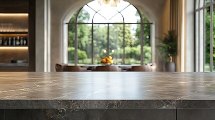 Fototapete - Close up photo of contemporary kitchen island with marble table top with kitchen blurry loose focal of a giant arch windows background : Generative AI