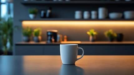 Beautiful coffee cup on island or table countertop in modern home kitchen Dark grey kitchen design  detail of interior : Generative AI