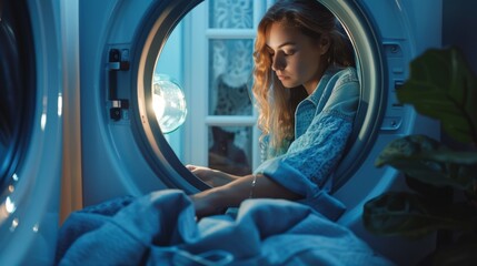 beautiful woman taking clothes out of the dryer