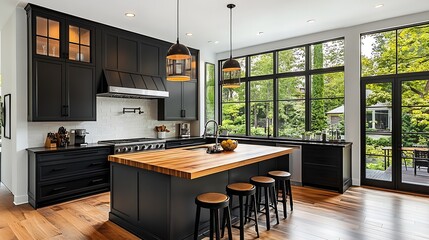 Newly installed open plan kitchen with black cabinets appliances and faucets and an island with a wood countertop on laminate flooring black metal door and bay windows : Generative AI