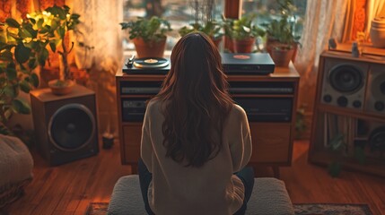 Canvas Print - Young woman with record player on commode in cozy living room back view : Generative AI