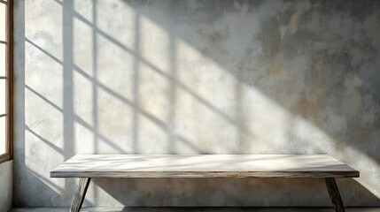 Poster - Empty tabletop with window shadow on concrete wall texture background suitable for product presentation backdrop : Generative AI