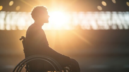 an athlete in a wheelchair is training in an indoor stadium, bathed in warm sunlight during evening 