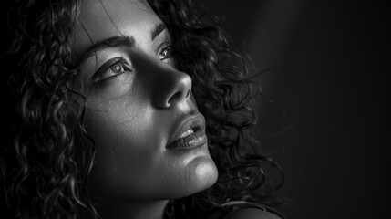 Serene portrait of a woman with curly hair in black and white generative ai