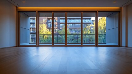 Poster - an empty room with wood floor and sliding glass doors looking out onto the balcony area in front of the house : Generative AI