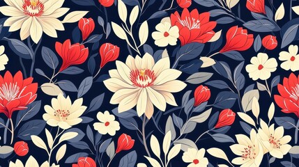 Wall Mural - Seamless Floral Pattern with Red and Yellow Flowers on Dark Blue Background