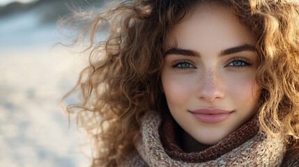 Portrait of a beautiful curly woman on the beach in cold sunny weather Spring timeTravel weekend relax and lifestyle concept : Generative AI