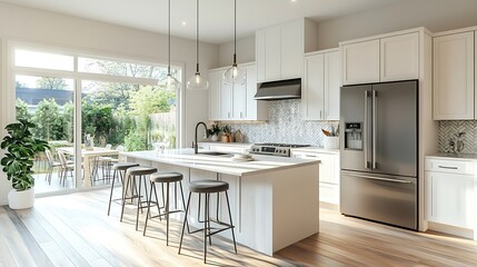 Poster - Kitchen and dining room interior with light colors aqua blue hardwood flooring grey chairs bar stools kitchen island stainless appliances and large windows : Generative AI