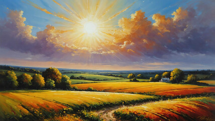 Wall Mural - Bright sunny day over countryside in acrylic painting with light brushwork