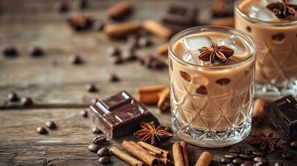 Poster - Irish cream and coffee cocktail in glasses with ice on an old wooden background Coffee beans cinnamon anise and pieces of chocolate are scattered on the table : Generative AI