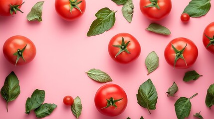 Poster - Creative layout made of tomato and leaves on pink and white background Flat lay Food concept : Generative AI